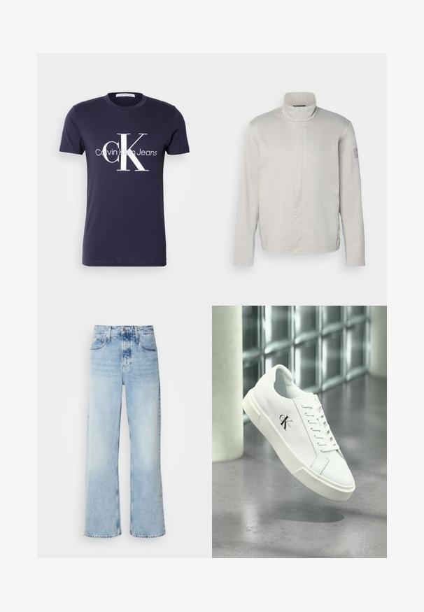 Lys grå, langærmet jakke med høj krave, glat tekstur, lukning foran og subtil branding på ærmet. Minimalistisk design.; Mørkeblå T-shirt med korte ærmer med stort hvidt "cK" og "Calvin Klein Jeans" logo centreret foran.; Lysblå vide jeans med høj talje, der har en falmet finish, bæltestropper og klassisk fem-lomme design. Kantene er rå.; Hvid Calvin Klein sneaker med snørebånd, vist svævende over en poleret betongulv og en baggrund af glasblokke.