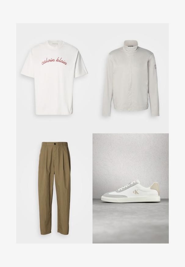 Hellegrauer, langärmeliger Mantel mit hohem Kragen, glatter Textur, Frontverschluss und dezentem Branding am Ärmel. Minimalistisches Design.; Weißes Baumwoll-T-Shirt mit kurzen Ärmeln, das mit kurvenförmigem, rotem gesticktem Text "calvin klein" auf der Brust versehen ist. Klassisches Rundhals-Design.; Khakifarbene, gerade geschnittene Hosen mit Falten, Gürtelschlaufen und einem einzelnen schwarzen Knopf an der Taille, auf einem weißen Hintergrund abgebildet.; Weißer Calvin Klein Sneaker mit beigen Wildlederakzenten und Logo, schwebend über einem glatten grauen Boden vor einer Glasbausteinwand.