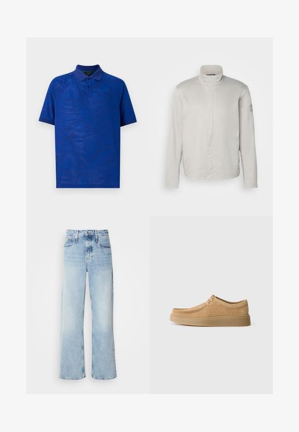 Hellegrauer, langärmeliger Mantel mit hohem Kragen, glatter Textur, Frontverschluss und dezentem Branding am Ärmel. Minimalistisches Design.; Kurzarm-Polohemd in lebhaftem Blau mit strukturiertem Palmenblattmuster, ausgestattet mit einem Kragen und einer Drei-Knopf-Leiste. Glattes Material.; Helle blaue weite Jeans mit hoher Taille, in verwaschenem Finish, mit Gürtelschlaufen und klassischem Fünf-Taschen-Design. Der Saum ist ungesäumt.; Wildlederschuhe mit Schnürung in hellbraun, runder Zehenform, gesteppten Details und flacher Gummisohle, die eine glatte Textur zeigen.