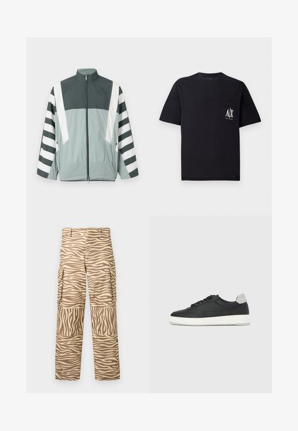 Veste à col montant, en tissu léger. Présente des panneaux gris foncé et vert clair, avec des bandes blanches audacieuses sur les manches.; T-shirt en coton noir avec col rond et manches courtes. Présente une poche poitrine avec le logo blanc "A/X". Texture lisse, coupe décontractée.; Pantalons cargo avec un imprimé zèbre beige et crème. Les caractéristiques incluent une jambe droite, deux poches latérales et une fermeture à bouton avec des accents métalliques.; Baskets basses noires avec semelle blanche et languette grise au talon, vue de profil sur un fond blanc uni.