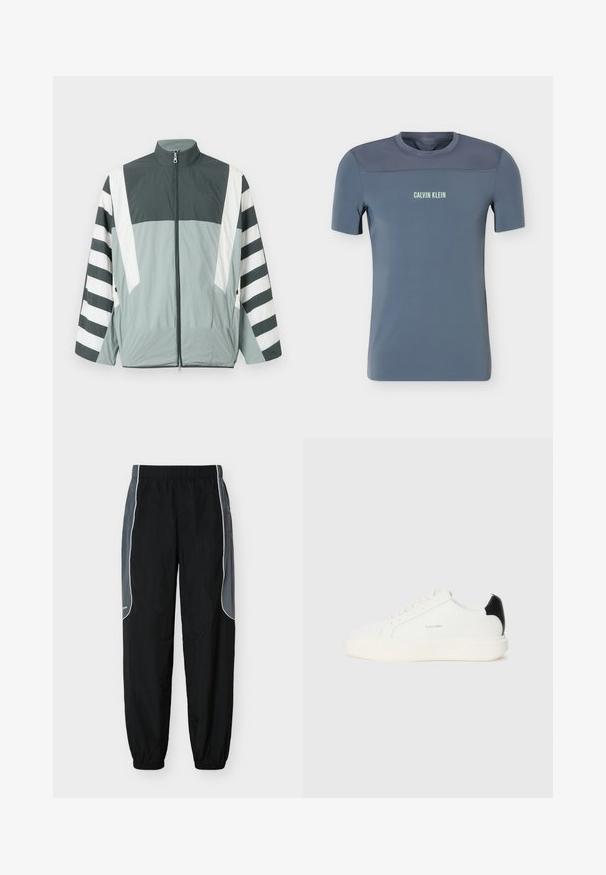 Veste à col montant, en tissu léger. Présente des panneaux gris foncé et vert clair, avec des bandes blanches audacieuses sur les manches.; T-shirt masculin bleu à manches courtes avec panneau supérieur en mesh et logo "Calvin Klein" centré sur la poitrine.; Pantalon de survêtement noir avec des panneaux latéraux gris foncé et un liseré blanc, taille et poignets élastiques, présenté sur un fond blanc.; Baskets en cuir blanc avec un accent noir à l'arrière, présentant un bout rond, des lacets plats et une épaisse semelle blanche. Logo Calvin Klein affiché.