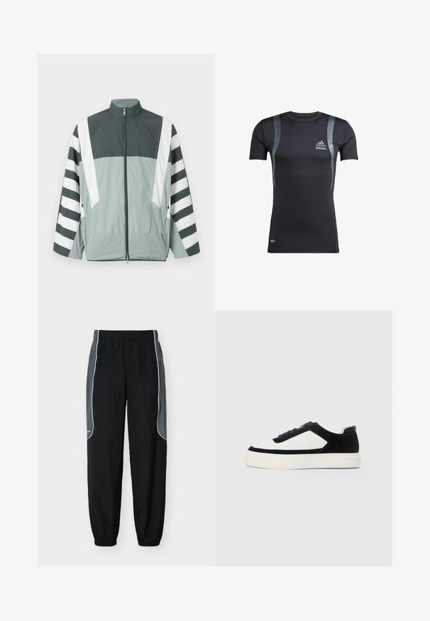 Veste à col montant, en tissu léger. Présente des panneaux gris foncé et vert clair, avec des bandes blanches audacieuses sur les manches.; T-shirt de sport noir à manches courtes avec des accents gris, fabriqué en tissu extensible. Présente un logo Adidas sur la poitrine gauche et une marque Techfit.; Pantalon de survêtement noir avec des panneaux latéraux gris foncé et un liseré blanc, taille et poignets élastiques, présenté sur un fond blanc.; Baskets basses en suède noir avec des panneaux en cuir blanc, lacets noirs et semelle en caoutchouc blanc épais, présentées du côté extérieur.