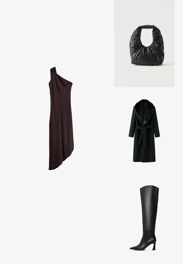 Zwarte jas met een nepbontkraag, lange mouwen, strikriem op de taille en een gladde textuur. Minimalistisch ontwerp met een klassieke silhouet.; Bruine, één-schouder jurk van soepel materiaal, met een asymmetrische zoom die onder de knie valt. Subtiele drapingdetails bij de schouder.; Zwarte leren laarzen tot de knie met een spitse neus, rechte schacht en een taps toelopende hoge hak. Gladde textuur met minimale details.; Zwarte zachte leren schoudertas met samengeplooide plooien en afgeronde handgreep, rechtopstaand op een effen lichte achtergrond.