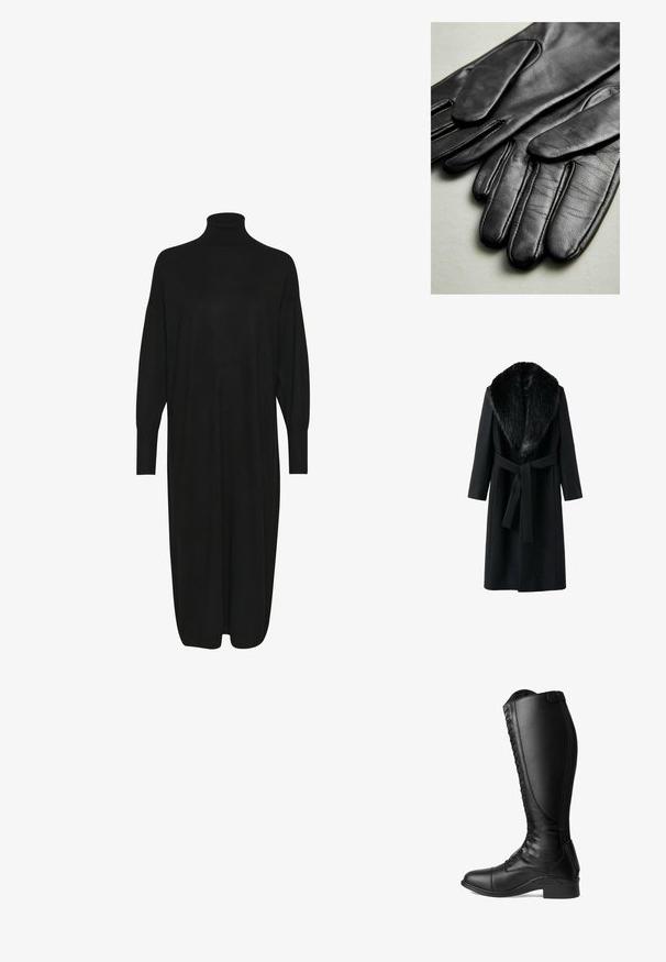 Zwarte jas met een nepbontkraag, lange mouwen, strikriem op de taille en een gladde textuur. Minimalistisch ontwerp met een klassieke silhouet.; Zwarte gebreide jurk met een hoge opstaande kraag, lange mouwen en een relaxte pasvorm. Zachte textuur met een lengte tot halverwege de kuiten en geen zichtbare patronen of accenten.; Zwarte leren rijlaarzen met een hoge schacht, veter sluiting aan de voorkant, een ronde neus en een lage hak. Glad textuur en slank ontwerp.; Zwarte leren handschoenen met een gladde textuur, voorzien van naden langs de vingers en een getailleerd ontwerp. Zacht, soepel materiaal voor comfort.