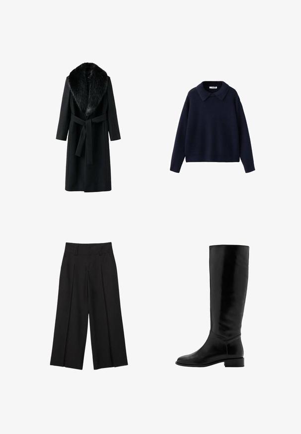 Sort frakke med en kunstig pelskrave, lange ærmer, bindebælte i taljen og en glat tekstur. Minimalistisk design med en klassisk silhuet.; Marineblå strikket langærmet sweater med en bred, spids krave og en afslappet pasform på en hvid baggrund.; Sorte vide bens cropped bukser med bæltestropper og forreste plisseringer, lavet af et glat stof for et skræddersyet udseende.; Sorte læderknæhøje støvler med en glat overflade, rund tå, let hæl og minimalistisk design. Har en tætsiddende skaft og stitched detaljer.