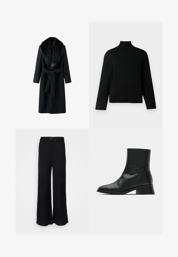 Sort frakke med en kunstig pelskrave, lange ærmer, bindebælte i taljen og en glat tekstur. Minimalistisk design med en klassisk silhuet.; Sort turtleneck trøje lavet af blødt strikstof, der har lange ærmer og en afslappet pasform. Glat tekstur uden synlige mønstre eller accenter.; Sorte bukser med bred ben, lavet af letvægtsstof, der har en glat tekstur, frontknaplukning og sidelommer.; Sort ankelstøvle lavet af blank læder, med et strømlinet design, spids tå og en moderat blokhælhøjde for stabilitet.