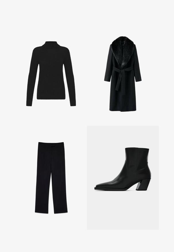 Sort frakke med en kunstig pelskrave, lange ærmer, bindebælte i taljen og en glat tekstur. Minimalistisk design med en klassisk silhuet.; Sort langærmet turtleneck sweater med ribbet krave, manchetter og kant, præsenteret mod en hvid baggrund.; Sorte bukser med lige ben-design, fremstillet af et glat stof, med en standard talje og uden synlige mønstre eller accenter.; Sortlæder ankelstøvle med spids tå, en slank silhuet og en kraftig firkantet hæl. Glat tekstur med minimale stikninger.