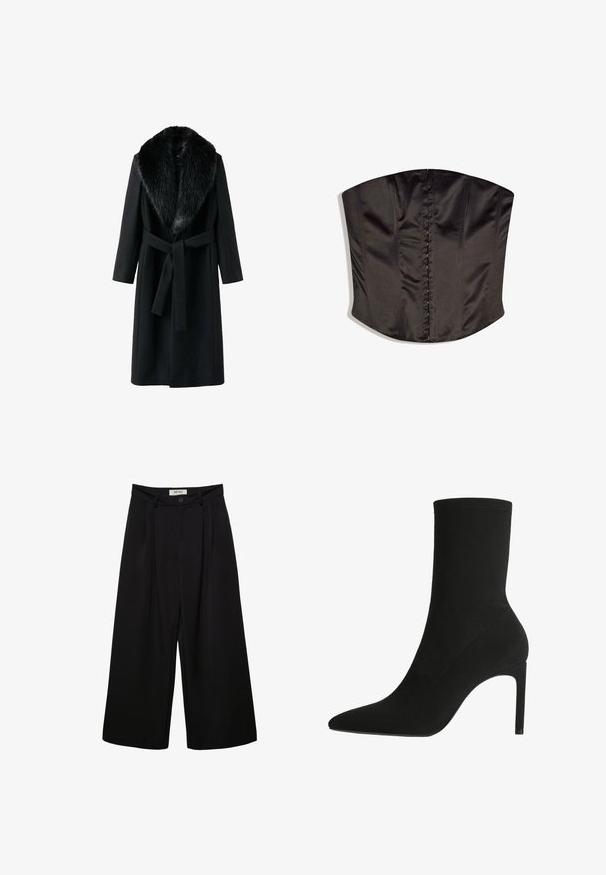 Manteau noir avec un col en fausse fourrure, manches longues, ceinture à nouer à la taille et texture lisse. Design minimaliste avec une silhouette classique.; Corset bustier en satin noir sans bretelles avec fermetures à agrafes à l'avant et coutures verticales décoratives.; Pantalon noir à jambes larges avec taille haute, présentant des plis à l'avant, deux poches latérales et une fermeture par bouton. Texture de tissu lisse.; Bottine noire en suede doux, avec un bout pointu et un talon aiguille haut. Design minimaliste sans matériel ou motifs visibles.