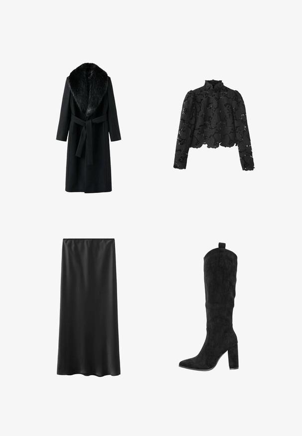 Sort frakke med en kunstig pelskrave, lange ærmer, bindebælte i taljen og en glat tekstur. Minimalistisk design med en klassisk silhuet.; Sort bluse i blonder med lange ærmer, blomstermønster, høj halsudskæring og bølget kant mod en hvid baggrund.; Sort, gulvlængde nederdel lavet af glat, let materiale, med elastik i taljen og et enkelt design. Ingen synlige mønstre eller detaljer.; Knæhøje sorte støvler i ruskind med spids tå, tyk blokhæl og syninger på siderne. Træksnor øverst for nem påtagning.