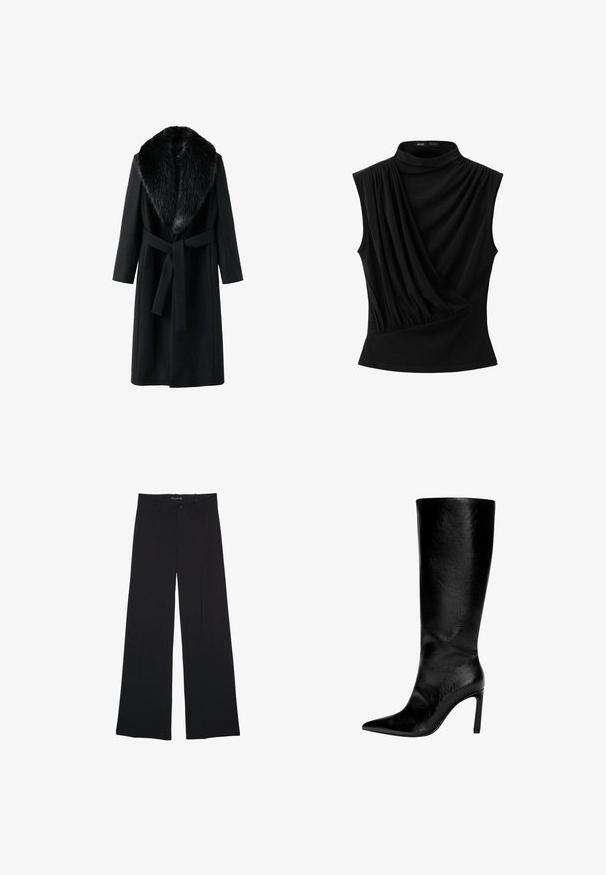 Manteau noir avec un col en fausse fourrure, manches longues, ceinture à nouer à la taille et texture lisse. Design minimaliste avec une silhouette classique.; Haut noir sans manches avec col montant, détail asymétrique de tissu drapé sur le devant et taille cintrée.; Pantalon noir à jambes larges avec passants de ceinture, bouton frontal et fermeture éclair, étalé à plat sur un fond blanc.; Botte en cuir noir montée jusqu'au genou, avec un bout pointu, un talon aiguille haut, une finition lisse et un design simple et épuré sans ornements.