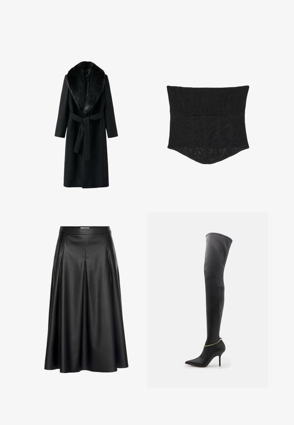 Zwarte jas met een nepbontkraag, lange mouwen, strikriem op de taille en een gladde textuur. Minimalistisch ontwerp met een klassieke silhouet.; Zwart strapless korset met gestructureerde baleinen en een licht puntige zoom aan de voorkant.; Zwarte leren maxi-rok met hoge taille, geplooid ontwerp en gladde textuur. Benadrukt een vloeiende silhouet.; Maria Luca GLORIA STRETCH BOOT - Laarzen met hoge hak - black