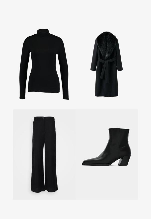 Manteau noir avec un col en fausse fourrure, manches longues, ceinture à nouer à la taille et texture lisse. Design minimaliste avec une silhouette classique.; T-shirt noir à manches longues et col roulé en tissu lisse, avec une coupe ajustée et un col haut, idéal pour les superpositions ou à porter seul.; Pantalons larges noirs en tissu léger, avec une texture lisse, fermeture à bouton sur le devant et poches latérales.; Bottine en cuir noir avec un bout pointu, une silhouette élégante et un talon carré massif. Texture lisse avec des détails de couture minimalistes.