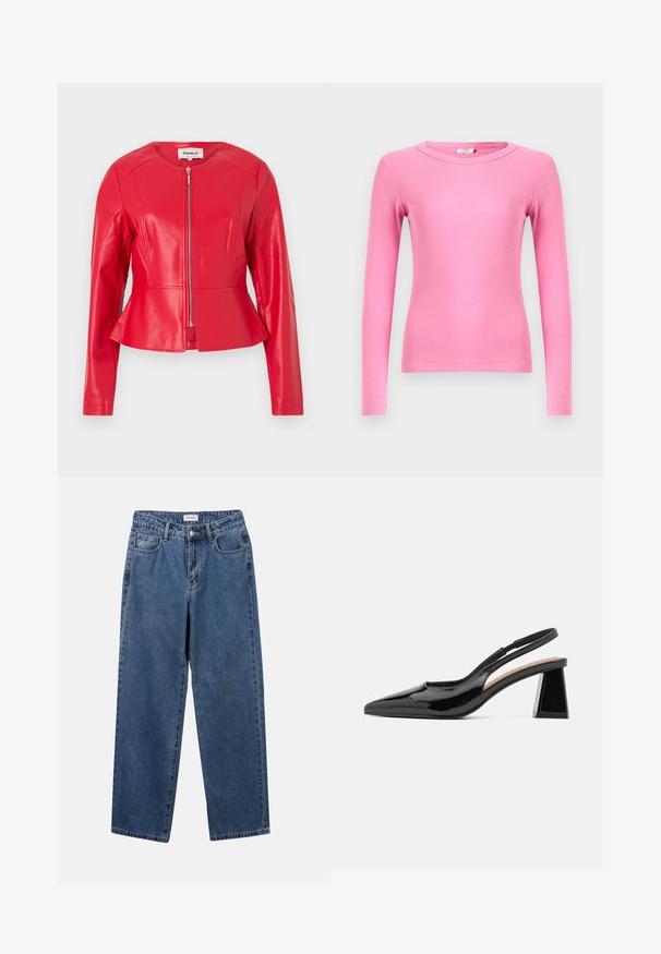 Chaqueta de mujer roja de cuero sintético con mangas largas, escote redondo, cremallera frontal y detalle de cintura ligeramente acampanada.; Top ceñido de manga larga en tejido de punto acanalado de color rosa vibrante, con escote redondo y puños sin costuras para un acabado suave.; Jeans de mezclilla azul clásico con un diseño de pierna recta, cinco bolsillos y cierre de botón. Presenta un lavado medio y una textura resistente.; Zapatos de tacón negro de charol tipo slingback con punta afilada, que cuentan con un exclusivo tacón en bloque geométrico y una textura suave. Correa ajustable para mayor soporte.