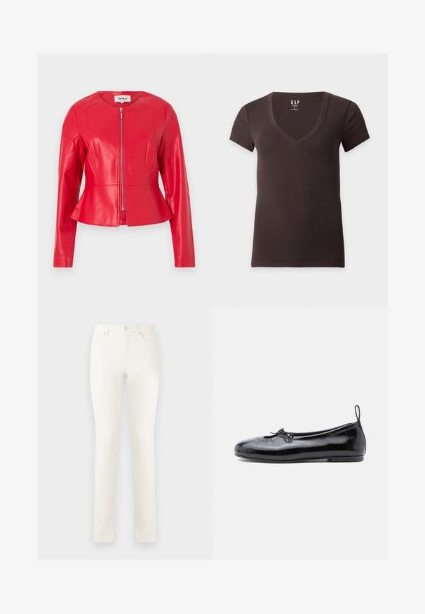 Rote Damenjacke aus Kunstleder mit langen Ärmeln, rundem Ausschnitt, Frontreißverschluss und leicht ausgestelltem Taillendetail.; Dunkelbraunes Baumwoll-T-Shirt mit kurzen Ärmeln und V-Ausschnitt, mit kleinem GAP-Label innen im Kragen, auf einfarbigem Hintergrund dargestellt.; Weiße Denim-Jeans mit geradem Bein, hoher Taille, Fronttaschen und einem einzelnen Knopfverschluss. Glatte Textur, minimale Nähdetails.; Schwarze Lackleder-Ballerinas mit runder Zehenpartie, kleinen Schleifendetails und glatter Textur; verfügen über eine flache Laufsohle und eine Zuglasche an der Ferse.