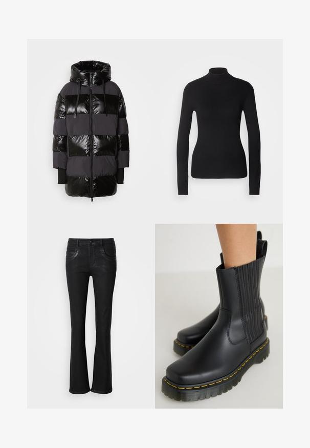 Mos Mosh BLOCK - Talvemantel - black; Mustem turtleneck-sviiter, mis on valmistatud kerge kudumiskangast. Omab pikki varrukaid, slim-fit lõiget ja pehmet soonikut.; Mustad flared teksad, millel on kaks eesmist taskut, tõmblukk ja peened tikandi üksikasjad õmbluste ääres.; Mustad must saad motifselt, mati viimistlusega. Omab vertikaalset õmblust, paksu tallaga, millel on kollased õmblused, ja tagumises osas tõmbeaas.