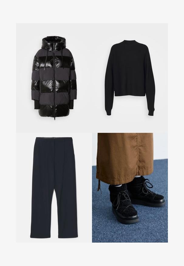 Mos Mosh BLOCK - Vinterfrakke - black; Sort striktrøje med høj hals, drop shoulders og lange, løse ærmer. Blød tekstur og cropped længde ved taljen.; Sorte plisserede bukser med lige skæring. Lavet af glat stof, med en flad talje og sidelommer. Minimalistisk design, ingen mønstre.; Sorte fuzzy sneakers med en platform sål, der har snørebånd, blød tekstur og en rund tå. Kombineret med brunt stof nedenfor.