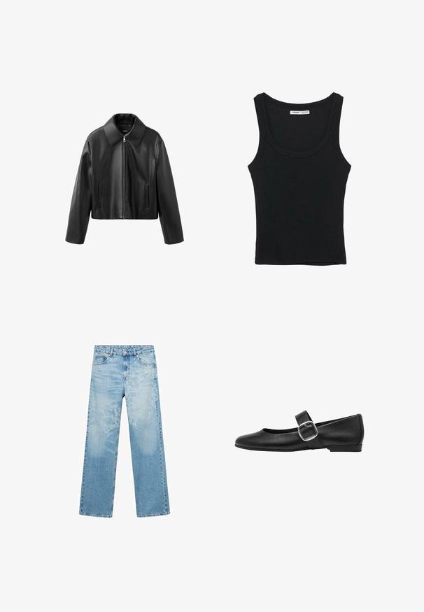 Zwarte cropped neplederen jas met spitse kraag, ritssluiting aan de voorkant en verticale sleufzakken aan beide zijden.; Zwarte geribde mouwloze tanktop met een ronde halslijn en rechte zoom, label aan de binnenkant van de achterkant van de nek.; Lichtblauwe denim jeans met een rechte pasvorm, voorzien van een vervaagd bloemenpatroon op de voorkant, vijf zakken en een knoopsluiting in de taille.; Zwarte leren ballerina's met een ronde neus, een enkele verstelbare band en een grote zilveren sluiting. Platte hak en een gladde textuur.