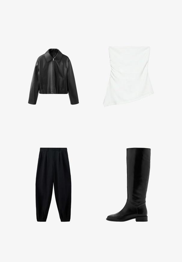 Veste courte noire en similicuir avec col pointu, fermeture éclair devant et poches fendues verticales sur les deux côtés.; Haut blanc asymétrique sans bretelles avec un léger détail froncé sur un côté, style ajusté, design épuré et minimaliste.; Pantalon noir taille haute effilé avec des plis à la taille et aux poignets, et des poches latérales, présenté sur fond blanc.; Botte noire en cuir, montante jusqu'au genou, avec une texture lisse, un bout rond, un petit talon et un design minimaliste. Elle présente une tige ajustée et des accents cousus.