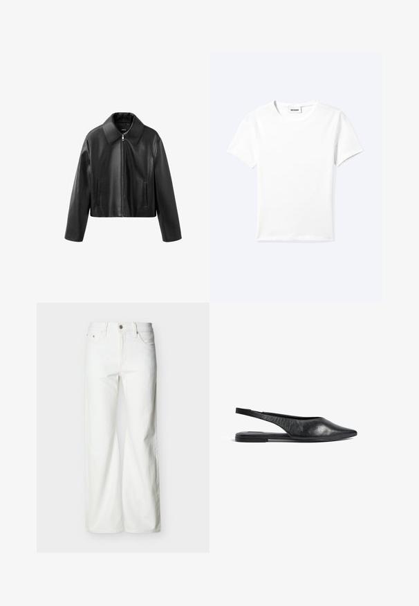 Chaqueta corta de cuero sintético negro con cuello puntiagudo, cremallera frontal y bolsillos verticales con abertura en ambos lados.; Camiseta blanca lisa de manga corta con cuello redondo y una pequeña etiqueta "WEEKDAY" dentro del cuello, mostrada extendida sobre un fondo claro.; Vaqueros blancos de talle alto y pierna recta con botón frontal, cierre de cremallera y bolsillos laterales y traseros, sobre un fondo liso y claro.; Bailarinas de piel negra con tira en el talón y punta afilada, de diseño minimalista. Cuentan con un perfil elegante y un tacón delgado para mayor estabilidad.