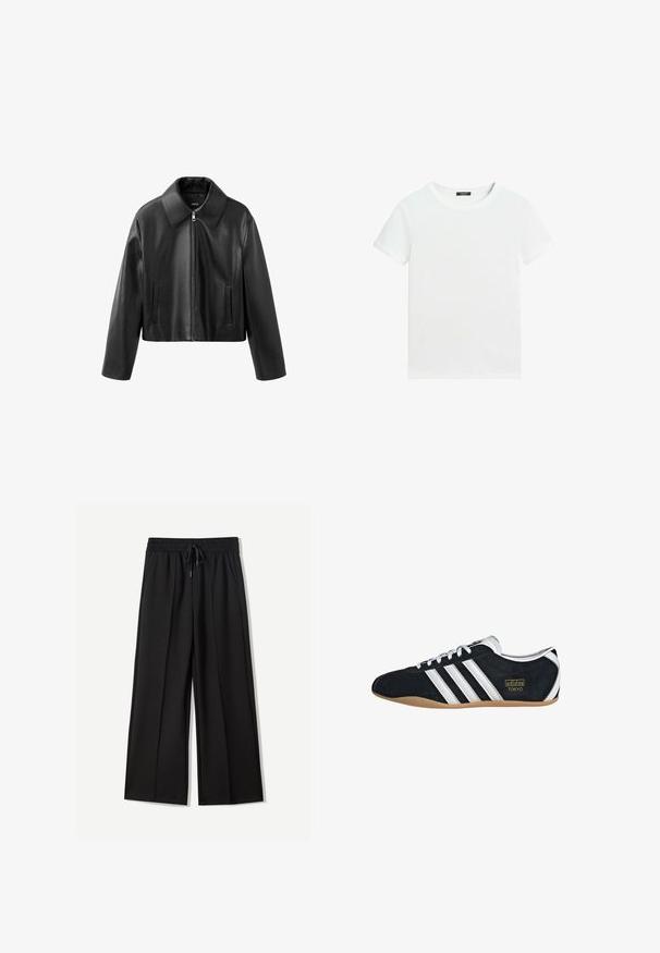 Zwarte cropped neplederen jas met spitse kraag, ritssluiting aan de voorkant en verticale sleufzakken aan beide zijden.; Effen wit T-shirt met korte mouwen, een ronde hals en een klein zwart labeltje aan de binnenkant van de kraag.; Zwarte wijde broek van zachte stof. Voorzien van een elastische tailleband met een trekkoord en twee zijzakken. Platte voorkant met plooien.; Zwarte suède sneaker met witte drie strepen, gouden logo en een bruine rubberen zool. Heeft een laag profiel vetersluiting ontwerp.