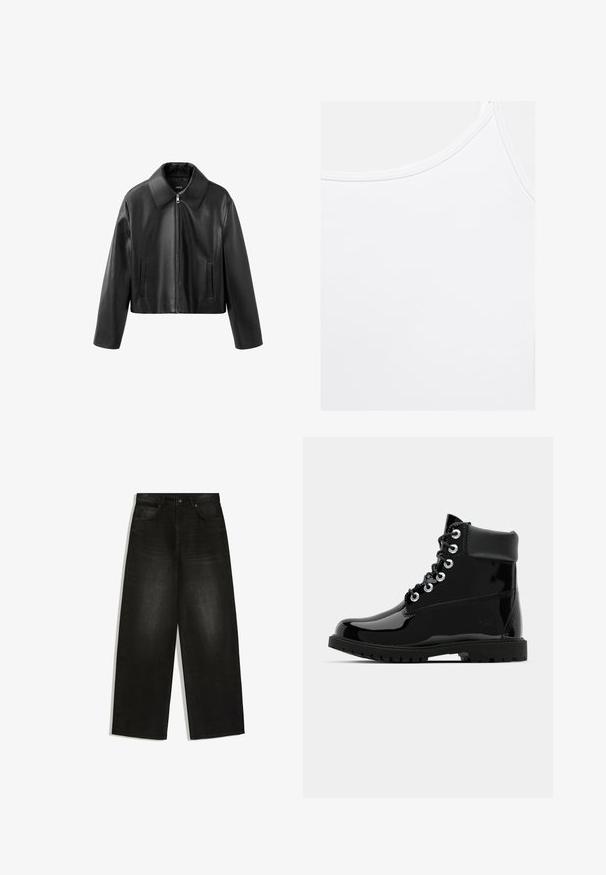 Veste courte noire en similicuir avec col pointu, fermeture éclair devant et poches fendues verticales sur les deux côtés.; Débardeur blanc uni avec encolure arrondie et coutures visibles le long des bords.; Jean en denim noir à jambes larges, fermeture devant par bouton et zip, passants de ceinture et deux poches avant sur fond blanc.; Bottes noires brillantes à la cheville avec une finition en cuir verni lisse, bout rond, laçage à six œillets et semelle en caoutchouc robuste.