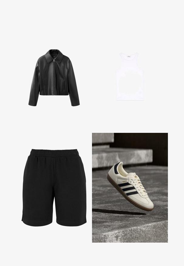 Zwarte cropped neplederen jas met spitse kraag, ritssluiting aan de voorkant en verticale sleufzakken aan beide zijden.; Witte mouwloze tanktop met ronde hals, plat neergelegd op een effen lichte achtergrond, zonder zichtbare patronen of ontwerpen.; Zwarte katoenen shorts met een elastische tailleband, met een gladde textuur en een eenvoudige snit. Geen zakken of versieringen zichtbaar.; Witte Adidas Samba sneaker met zwarte strepen en gumzool, zwevend boven gestructureerde grijze betonnen treden.