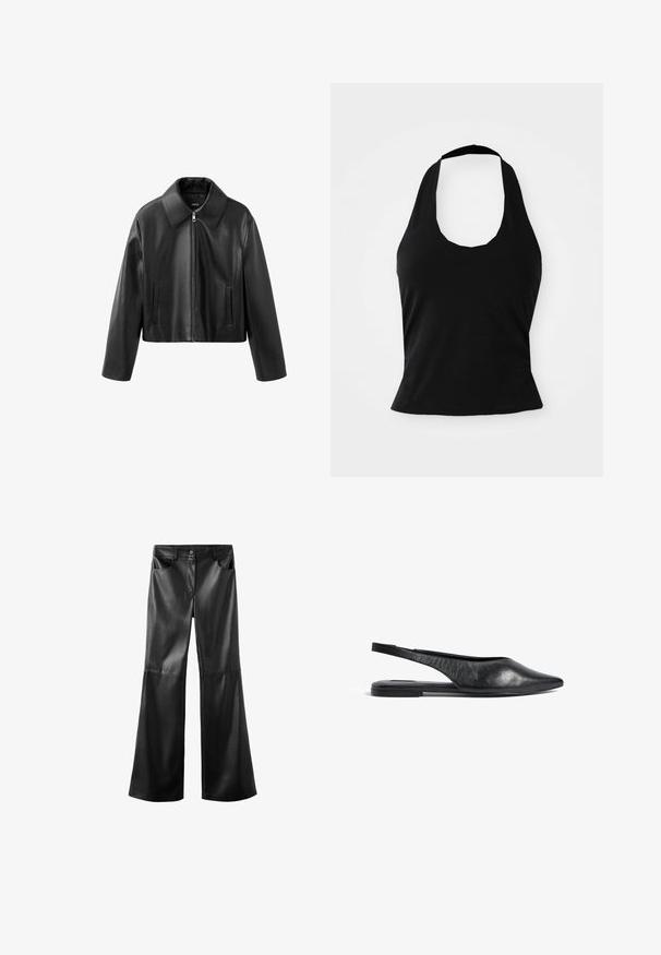 Chaqueta corta de cuero sintético negro con cuello puntiagudo, cremallera frontal y bolsillos verticales con abertura en ambos lados.; Top negro tipo halter hecho de una tela suave, con un escote redondeado y una silueta ajustada, con una textura lisa y sin patrones visibles.; Pantalones negros de piel sintética con piernas anchas acampanadas, cierre frontal con botón y cremallera, trabillas para cinturón y bolsillos delanteros.; Bailarinas de piel negra con tira en el talón y punta afilada, de diseño minimalista. Cuentan con un perfil elegante y un tacón delgado para mayor estabilidad.
