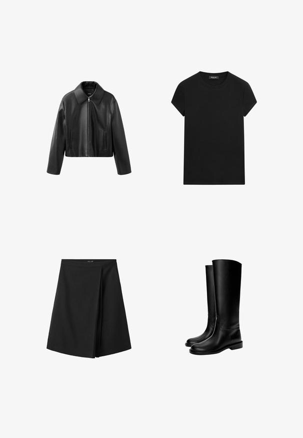 Zwarte cropped neplederen jas met spitse kraag, ritssluiting aan de voorkant en verticale sleufzakken aan beide zijden.; Zwart T-shirt met korte mouwen en ronde hals met een zichtbaar merklabel bij de hals, gecentreerd op een witte achtergrond.; Zwarte rok tot op de knie met een rechte tailleband en een overlappend plooidetail aan de voorkant, afgebeeld op een witte achtergrond.; Zwarte leren kniehoge laarzen met een gladde textuur, ronde neus, platte zool en minimalistisch ontwerp, met gestikte naden en zonder zichtbare hardware.
