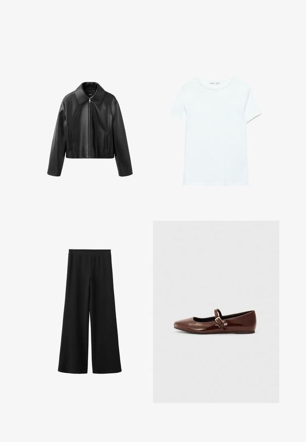 Veste courte noire en similicuir avec col pointu, fermeture éclair devant et poches fendues verticales sur les deux côtés.; T-shirt blanc uni en coton à manches courtes, col rond, présenté à plat sur un fond blanc, sans motifs ni logos visibles.; Pantalon noir à jambes larges en tissu doux, avec une taille haute sans attaches ni poches visibles. Texture lisse sur toute la surface.; Ballerine en cuir verni marron avec un bout carré et une lanière ornée d'une petite boucle dorée. Texture lisse, talon bas et design minimaliste.