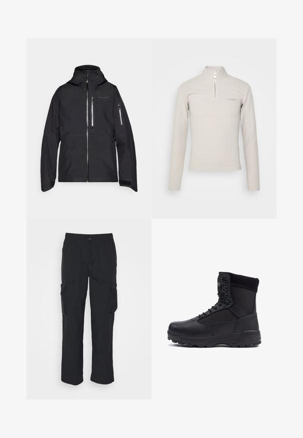 Norrøna LOFOTEN GORE-TEX JACKET - Μπουφάν σκι - caviar; Han Kjøbenhavn LOGO HALF ZIP SHARP LONG SLEEVE - Μπλούζα με μακριά μανίκια - grey; Μαύρο cargo παντελόνι από υφαντό ύφασμα. Διαθέτει ρυθμιζόμενη ζώνη, πλαϊνές τσέπες και δύο τσέπες εργαλείων με φερμουάρ.; Μαύρη τακτική μπότες με λείος δερμάτινη επάνω επιφάνεια και υφασμάτινες πάνελ, ψηλή σχεδίαση στον αστράγαλο, δεσίματα μπροστά και ανθεκτική ελαστική σόλα.