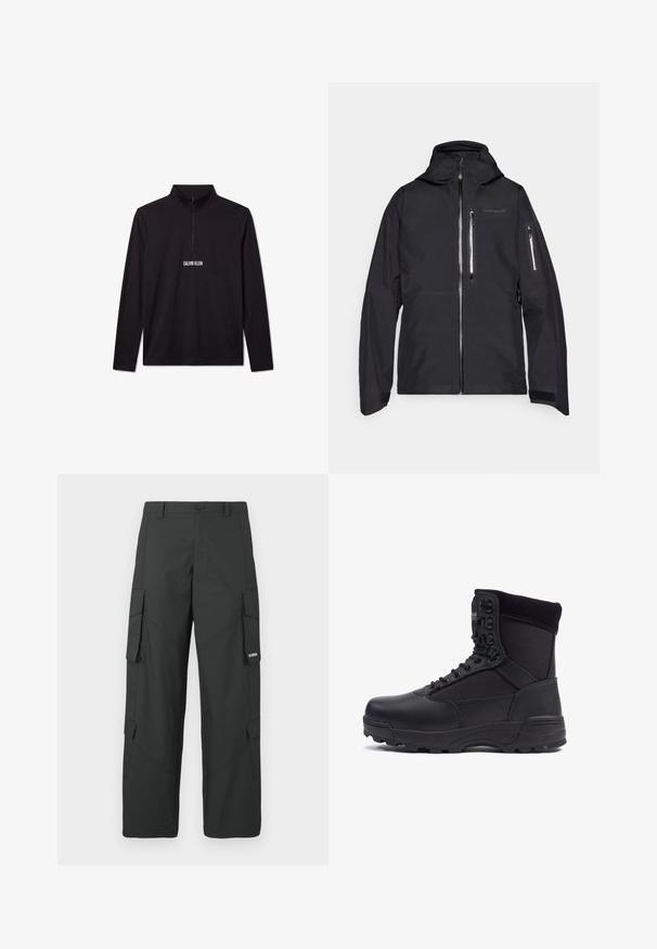 Norrøna LOFOTEN GORE-TEX JACKET - Lyžiarska bunda - caviar; Čierny pulóver Calvin Klein s dlhým rukávom, štvrťovým zipsom a bielym logom vytlačeným na hrudi.; Čierne rovné nohavice cargo so bočnými vreckami s chlopňou, zapínaním na gombík, pútkami na opasok a malým bielym logom na chlopni pravého vrecka.; Čierna taktická bootka s hladkým koženým zvrškom a textilnými panelmi, vysoký dizajn nad členkami, šnurovanie vpredu a robustná gumová podrážka.