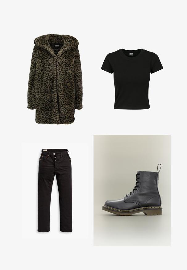 Manteau en fausse fourrure à motif léopard, doté d'une capuche, de manches longues et d'une surface douce et texturée dans des tons de marron et de noir.; T-shirt noir à manches courtes en coton lisse, avec un col rond et une coupe ajustée. Aucun motif ou accent visible.; Jean noir à jambe droite avec fermeture à boutons, poches avant et arrière, et détails en rivets cuivrés sur fond blanc.; Botte de combat en cuir noir avec 8 œillets, semelle en caoutchouc, couture jaune et une languette à l'arrière. Présente une tige texturée.