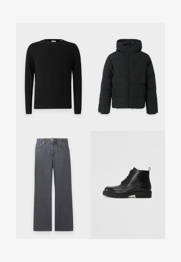 Sort polstret vinterjakke med hætte og frontlynlås, med to sidelommer med lynlås og en brystlomme med lynlås.; Sort kabelstrikket sweater med lange ærmer og rund halsudskæring. Har et struktureret mønster samt ribbede mansjetter og nederkant.; Mørkegrå denimjeans med lige ben og højtaljet talje, med frontknap, lynlås og fem-lomme design mod hvid baggrund.; Sorte læder ankelstøvler med rund tå, snørebånd fortil og tekstureret gummisål. Inkluderer en løkke ved hælen for nem påføring.