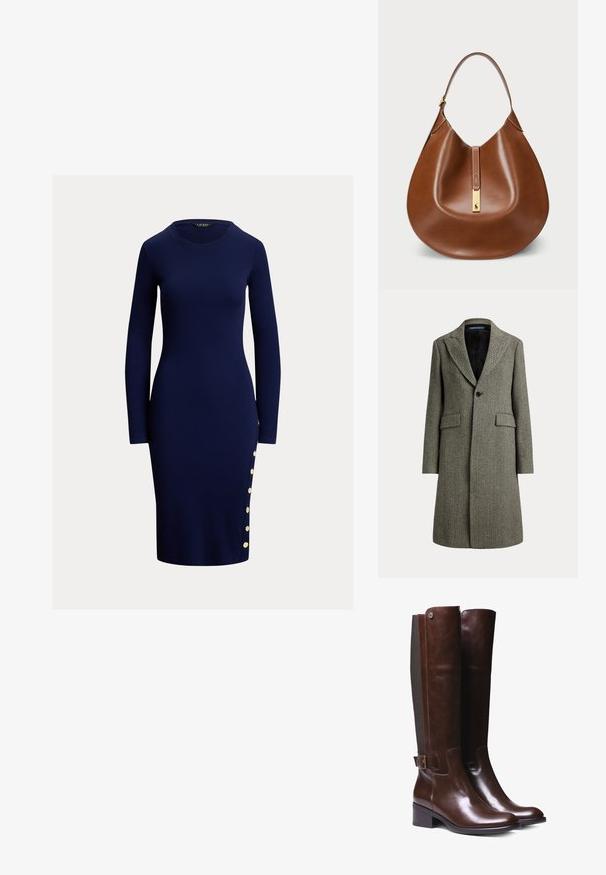 Manteau en laine mi-long à motif chevrons, larges revers, bouton noir unique, deux poches à rabat et doublure intérieure noire.; Robe bleu marine à manches longues avec un col rond, coupe slim, et des boutons dorés le long du côté gauche. Fabriquée en tissu lisse et extensible.; Bottes haute en cuir marron avec finition lisse, panneau en tissu contrastant, détail de boucle à la cheville et petit talon carré.; Sac hobo en cuir marron avec une texture lisse, une forme courbée, quincaillerie dorée et un onglet central avec un détail de logo.