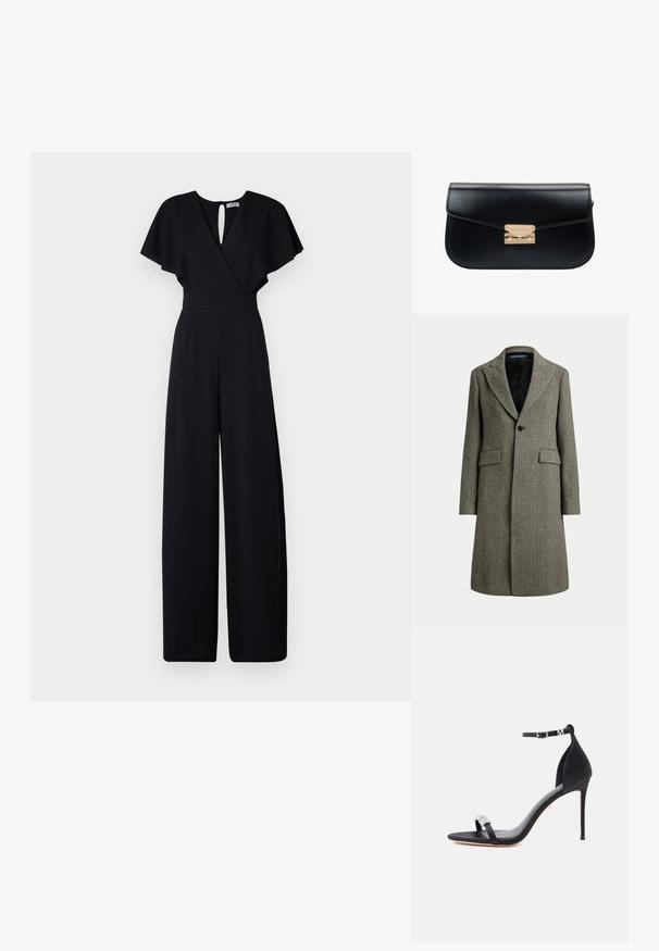 Mittel-langer Wollmantel mit Fischgrätmuster, weitem Revers, einem schwarzen Knopf, zwei Klappentaschen und schwarzem Innenfutter.; Schwarzer Jumpsuit mit weitem Bein-Design, kurzen, flatternden Ärmeln und einem V-Ausschnitt. Verfügt über einen Schlüsselhole-Rücken und eine taillierte Taille für einen eleganten Look.; Schwarze Satinsandalette mit hohem Absatz, dünnem Riemen, Knöchelschnalle und dekorativem Strassakzent am Zehenriemen.; Schwarze Lederhandtasche mit einem goldfarbenen Verschluss, rechteckiger Form, glatter Oberfläche und subtilen Nähdetails entlang der Kanten.