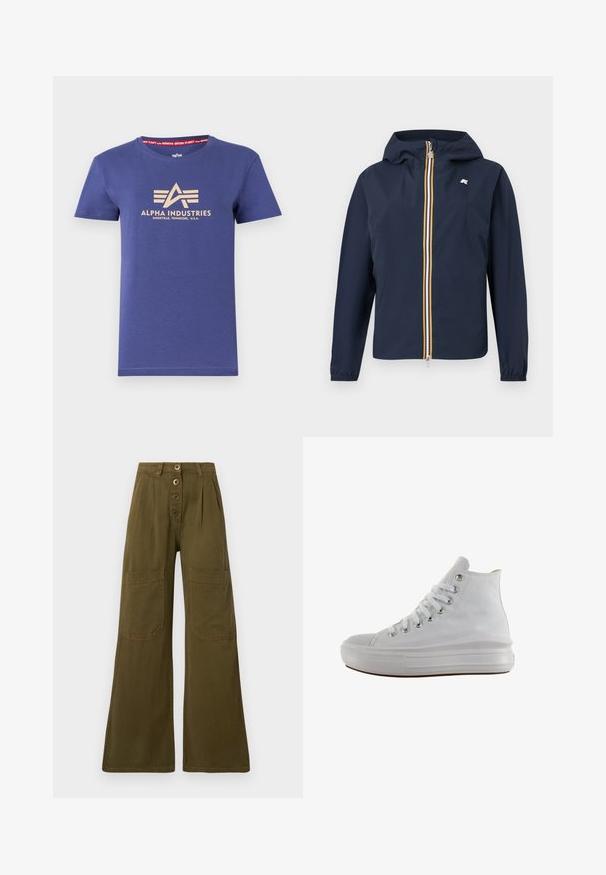 Marineblaue Kapuzenjacke mit durchgehendem Frontreißverschluss, gelben, weißen und roten Streifen, elastischen Bündchen und kleinem Logo auf der Brust.; Dunkelblaues Baumwoll-T-Shirt mit kurzen Ärmeln, mit einem beigen Logo-Druck "ALPHA INDUSTRIES" und einem roten Innenhalslabel mit Text.; Olivgrüne, weit geschnittene Hosen mit hoher Taille, vier Knöpfen vorne und großen rechteckigen aufgesetzten Taschen an den Oberschenkeln.; Weißer High-Top-Canvas-Sneaker mit weißen Schnürsenkeln, metallischen Ösen, dicker Gummisohle und strukturierter Zehenkappe, nach links auf weißem Hintergrund ausgerichtet.