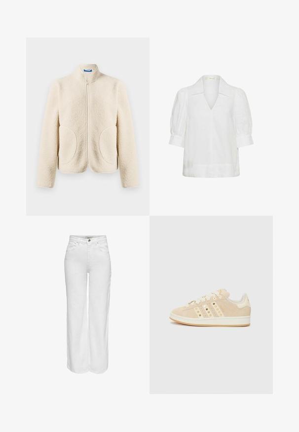 Crème-kleurige fleecjas met een ritssluiting aan de voorkant, twee ronde voorzakken en een korte staande kraag.; Witte blouse met opgeblazen ellebooglange mouwen, brede kraag en omgeslagen zoom, getoond op een effen achtergrond.; Witte wijde spijkerbroek van denim, met een hoge taille, riemlussen, vijf zakken en een sluiting met zilverkleurige knop en rits.; adidas Originals CAMPUS 00S W - Sneakers laag - sand strata/cream white/gold-coloured