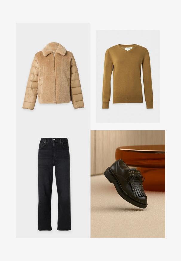 Veste beige avec un devant et un col doux en peluche, et des manches matelassées, dotée d'une fermeture éclair frontale et de poches latérales.; Pull en maille marron à col en V pour homme, manches longues, avec poignets et ourlet côtelés sur fond clair uni.; Jeans droits noirs en denim. Comprend cinq poches, une fermeture à bouton et zip, et des détails de couture subtils.; Chaussure en cuir noire à lacets avec franges décoratives et clous métalliques posée sur un tapis beige près d'un meuble marron.