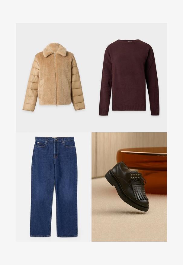 Veste beige avec un devant et un col doux en peluche, et des manches matelassées, dotée d'une fermeture éclair frontale et de poches latérales.; Pull tricoté marron foncé à manches longues avec col, poignets et ourlet côtelés, présenté sur un fond gris clair uni.; Jean en denim bleu foncé avec une taille haute, une coupe droite, cinq poches et des détails en métal argenté. Présente un léger délavage et des coutures brodées.; Chaussure en cuir noire à lacets avec franges décoratives et clous métalliques posée sur un tapis beige près d'un meuble marron.