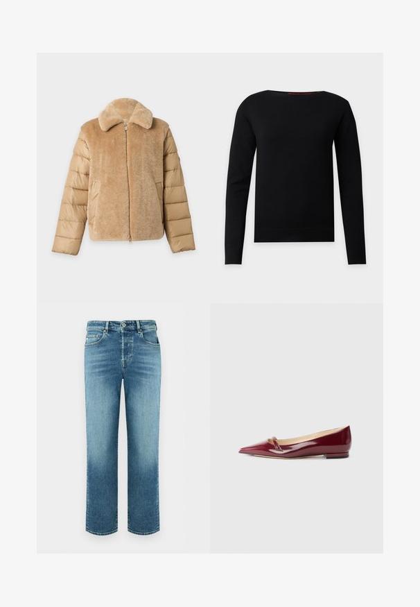 Beige Jacke mit weicher, plüschiger Vorderseite und Kragen sowie gesteppte gepolsterte Ärmel, mit einem Frontreißverschluss und Seitentaschen.; Schwarzer Langarmpullover mit Rundhalsausschnitt und schlichtem, körpernahem Design vor hellgrauem Hintergrund.; Blaue Straight-Leg-Denim-Jeans mit Knopf- und Reißverschluss, vorne und hinten Taschen sowie subtilen ausgebleichten Details.; Burgunderfarbene Lacklederballerinas mit spitzem Zehenbereich, ausgestattet mit einem kleinen Ausschnitt und einem niedrigen Absatz. Glatte Textur und elegantes Design.