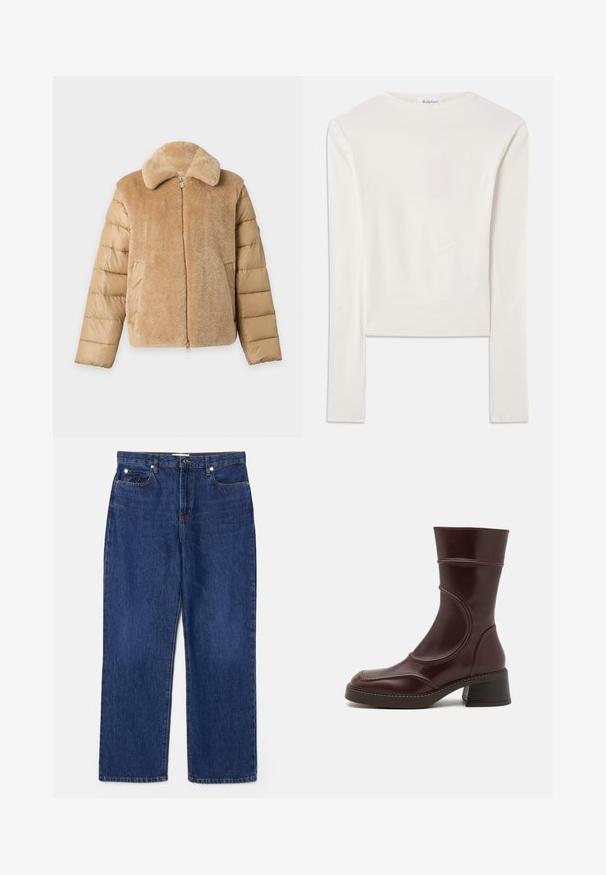 Beige jas met een zachte, pluche voorkant en kraag en doorgestikte gewatteerde mouwen, met een ritssluiting aan de voorkant en zijzakken.; Witte lange mouw top van katoen, met een eenvoudige ronde hals en een slim fit. De stof is glad met een lichte stretch.; Donkerblauwe denim jeans met een hoge taille, recht gesneden ontwerp, vijf zakken en zilveren hardware. Heeft subtiele vervaging en gestikte naden.; MIISTA MALENE - Lage laarzen - brown