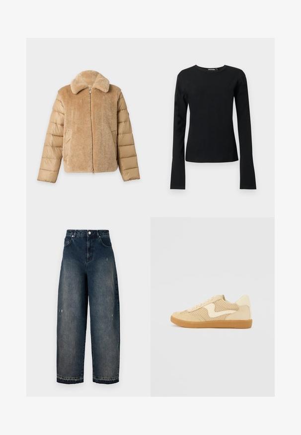 Beige jas met een zachte, pluche voorkant en kraag en doorgestikte gewatteerde mouwen, met een ritssluiting aan de voorkant en zijzakken.; Zwart aansluitend shirt met lange mouwen en ronde hals, rechte zoom en gladde stof, getoond tegen een effen lichte achtergrond.; Donkerdenim wijde pijpen jeans met een hoge taille, vijf zakken, zichtbare stiksels en lichte slijtage aan de voorkant. Klassieke knoop- en ritssluiting.; Beige sneaker van suede en mesh materialen, ronde vorm, opvallende gepolsterde kraag en een gumrubberen zool. Kenmerkt zich door een golvend ontwerp accent.