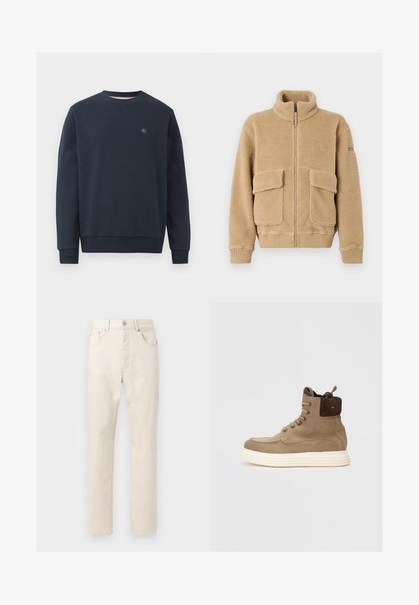 Beige fleece jack met hoge kraag, voorrits, twee grote klepzakken en geribbelde manchetten en zoom. Zachte textuur met een gezellige uitstraling.; Marineblauwe sweatshirt van zacht materiaal, met een ronde hals, lange mouwen en een klein logo op de borst. Eenvoudig ontwerp, zonder patronen.; Off-white rechte jeans met steekzakken aan de voorkant, riemlussen en een knoopsluiting, weergegeven tegen een effen achtergrond.; Tan suède enkellaarsjes met een donkerbruine hakaccent, ronde neus en witte rubberen zool; heeft vetersluiting en een trekhaak aan de achterkant.