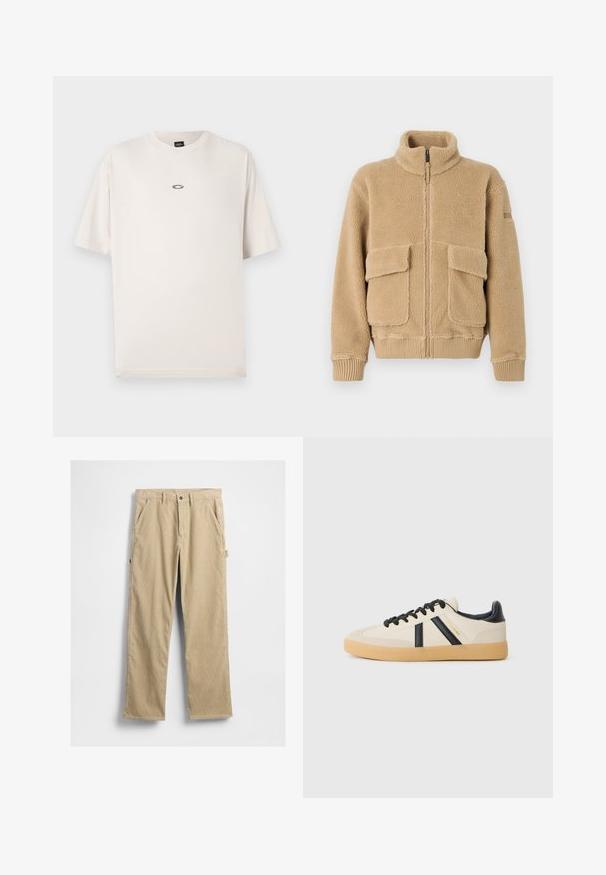 Beige Fleecejacke mit hohem Kragen, Frontreißverschluss, zwei großen Klappentaschen sowie gerippten Bündchen und Saum. Weiche Textur mit einem gemütlichen Aussehen.; Oakley RISE TEE - T-Shirt basic - mist; Beige Cordhose mit geraden Beinen, Fronttaschen und einem Knopfverschluss. Mit einer Seitentasche und strukturiertem Stoff.; Legere Sneaker in Creme mit schwarzen Streifen, mit einer strukturierten Oberseite und einer Sohle aus Gummi. Die Schnürsenkel sind schwarz. Diskretes Logo an der Seite.