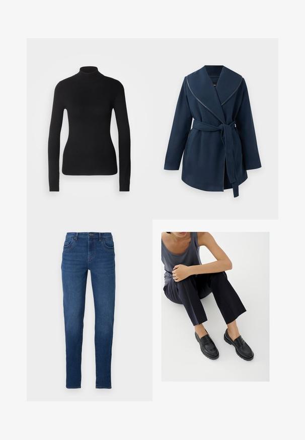 Manteau ceinture bleu marine avec col à larges revers et détails en cuir, manches longues et poches avant sur un fond blanc.; Pull à col roulé noir en maille légère. Il possède des manches longues, une coupe ajustée et une texture côtelée douce.; Jeans en denim bleu foncé avec une coupe slim, dotés de cinq poches, passants de ceinture et d'une fermeture éclair avec un bouton. Texture lisse.; Mocassins en cuir noir avec accents texturés, talon bas, bout arrondi, et coutures visibles. Modèle portant un pantalon sombre et un haut gris.