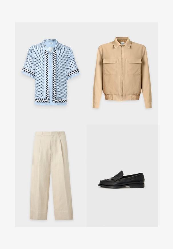 Veste beige clair à manches longues avec fermeture éclair sur le devant, deux poches poitrine à rabat, col et taille élastiquée sur un fond uni.; Chemise bleu clair à manches courtes avec motif de cœurs noirs et blancs sur l'ensemble du tissu ainsi que sur les bordures des manches et du devant.; Pantalon beige à jambes larges avec passants de ceinture, plis devant et fermeture avant dissimulée.; Mocassin en cuir noir avec un détail tissé à l'avant, bout arrondi et petit talon. Texture lisse et design minimaliste.
