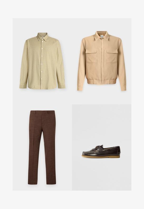 Veste beige clair à manches longues avec fermeture éclair sur le devant, deux poches poitrine à rabat, col et taille élastiquée sur un fond uni.; Chemise à manches longues à carreaux jaunes et gris, boutonnée avec un col boutonné, présentée à plat sur un fond blanc uni.; Pantalon de costume marron avec passants pour ceinture et coupe droite, présenté sur un fond blanc.; Hereu SALER NAUTIC - Chaussures bateau - dark brown
