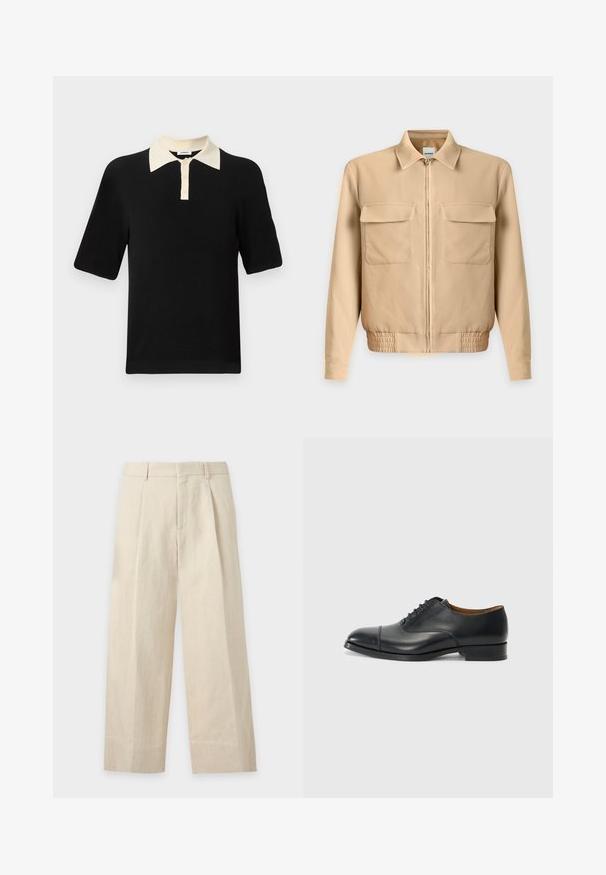 Veste beige clair à manches longues avec fermeture éclair sur le devant, deux poches poitrine à rabat, col et taille élastiquée sur un fond uni.; Polo noir à manches courtes avec un col crème et trois boutons crème sur la patte de boutonnage avant.; Pantalon beige à jambes larges avec passants de ceinture, plis devant et fermeture avant dissimulée.; Chaussure habillée en cuir noir avec une finition lisse, bout arrondi, cinq œillets pour les lacets et un petit talon carré. Design minimaliste avec des coutures discrètes.