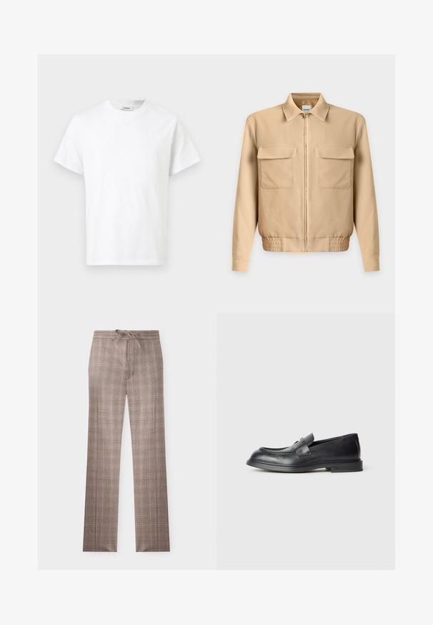Veste beige clair à manches longues avec fermeture éclair sur le devant, deux poches poitrine à rabat, col et taille élastiquée sur un fond uni.; T-shirt blanc à manches courtes avec col rond, étiquette "Sandro" visible à l'intérieur du col, présenté sur un fond uni.; Pantalon marron à carreaux à jambes droites avec taille à cordon, devant plat et motif à carreaux subtil sur fond blanc.; Mocassins en cuir noir avec une finition texturée, dotés d'une bride décorative à l'avant et d'un bout arrondi. Semelle en caoutchouc pour plus de durabilité.