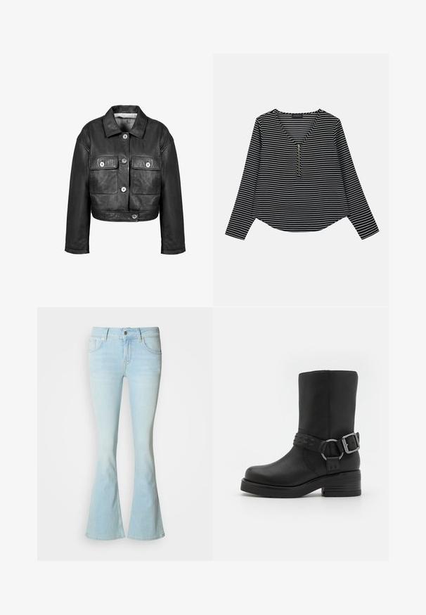 Sort læder crop-jakke med knaplukning foran, to brystlommer og klassisk krave. Glat tekstur og tætsiddende design.; Sort-hvide stribede langærmede trøje med v-hals og en midterskide. Stoffet ser glat ud, med en afslappet, let cropped pasform.; Lysvaskede, vide jeans i denimstof med høj talje, der har lukning med knapper foran og femlomme-design.; Sort læderankelstøvle med rund tå, tyk hæl og en dekorativ spænde-rem omkring anklen. Struktureret finish.